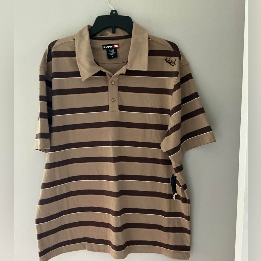 Tony Hawk men's striped polo shirt with a signature embroidered on the chest.